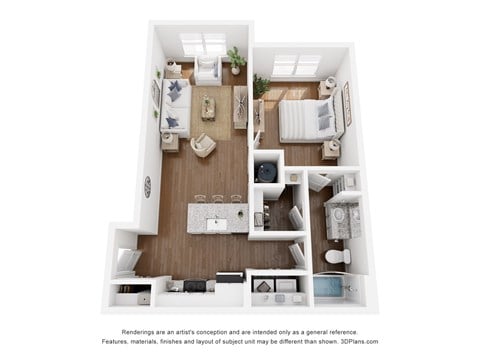 Floor plan for 1 bed, 1 bath, 753 sqft
